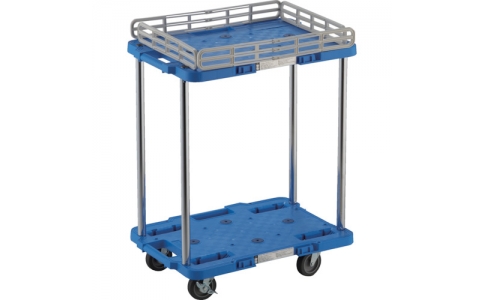 トラスコ中山（株）  MPB-502JSK-B  ＴＲＵＳＣＯ　樹脂製台車　ルートバン　２段式　柵１段付　３７０Ｘ５００　４輪自在ストッパー付　青