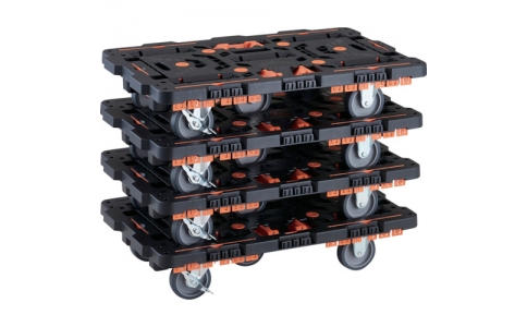 トラスコ中山（株）  BT700KJ3S2-E100-M4  ＴＲＵＳＣＯ　まとめ買い　連結式樹脂製平台車　ビートル　７００Ｘ４５０　自在３輪　内２輪ストッパー付　柵付　４台セット