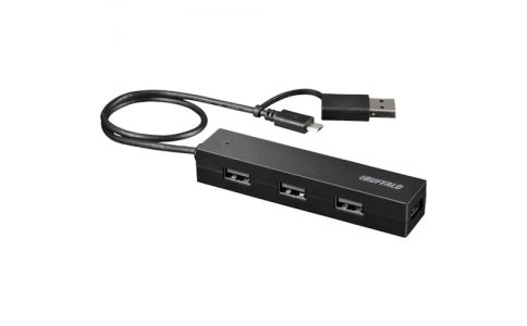 （株）バッファロー  BSH4UMB04BK  バッファロー　タブレット・スマホ用　ＵＳＢ２．０　４ポートハブ　変換コネクター付き　ブラック