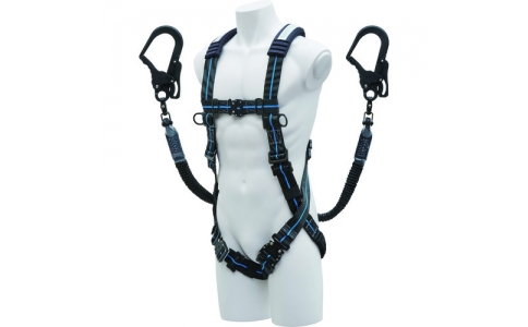 （株）基陽  XVGBLTPGK2  ＫＨ　【一時受注停止】ハーネス型墜落制止具　じゃばらストレッチハーネスＸＶ型＋２丁掛けランヤード　セット　オールアルミフック＋伸縮性ランヤード　駕王　青ライン