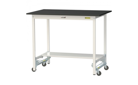 山金工業（株）  SLKUH-1275T-BKW  ヤマテック　ワークテーブルＬＡＢシリーズ　ワンタッチ移動タイプＨ９５０ｍｍ　半面棚板付　ケミテクト天板　Ｗ１２００×Ｄ７５０