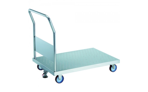 トラスコ中山（株）  AS-EM3-100NU-S  ＴＲＵＳＣＯ　オールステンレス製運搬車　オールステンレスエンボス天板台車　（固定ハンドルタイプ・ナイロンウレタン車輪）　８００×４５０×８５０　ストッパー付